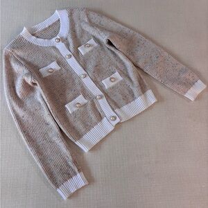 Beige and White Button-Up Cardigan with Pearls